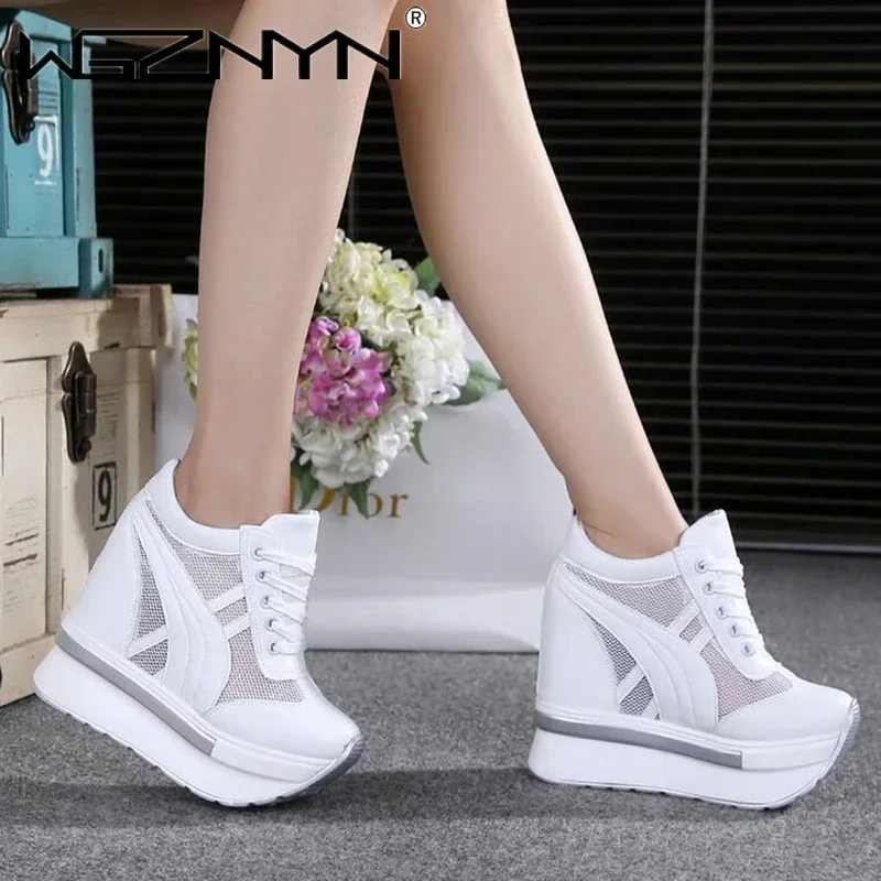 NEW Classic Women Mesh Platform Sneakers White Shoes 10CM High Heel Wedges Outdoor Breathable Casual Shoes Autumn Round Toe 2024