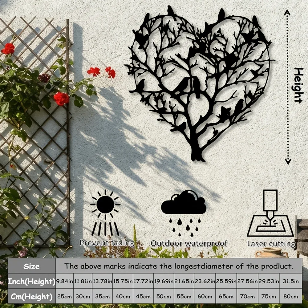 Romantic Heart Shaped Tree Metal Wall Hanging 2D Birds Artwork for Home Living Room Decor
