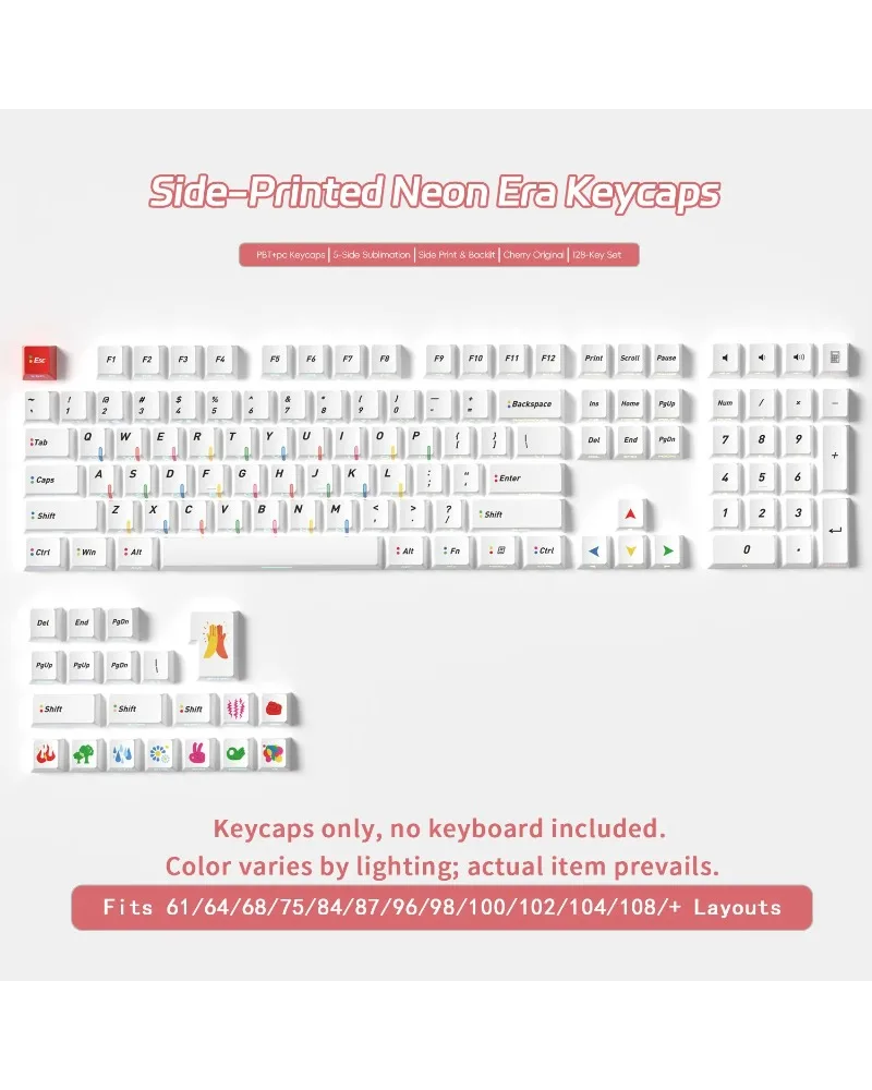 Clean White Neon Era Keycaps 128 Keys Five-sided Sublimation Cherry Original Profile Anti-Oil Full Set
