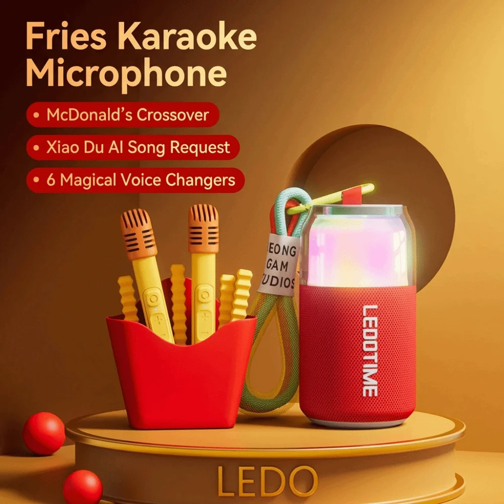 

All-in-one Microphone Speaker Wireless Fry-shaped Bluetooth Speaker RGB Lights with Sound Card Portable Music Player