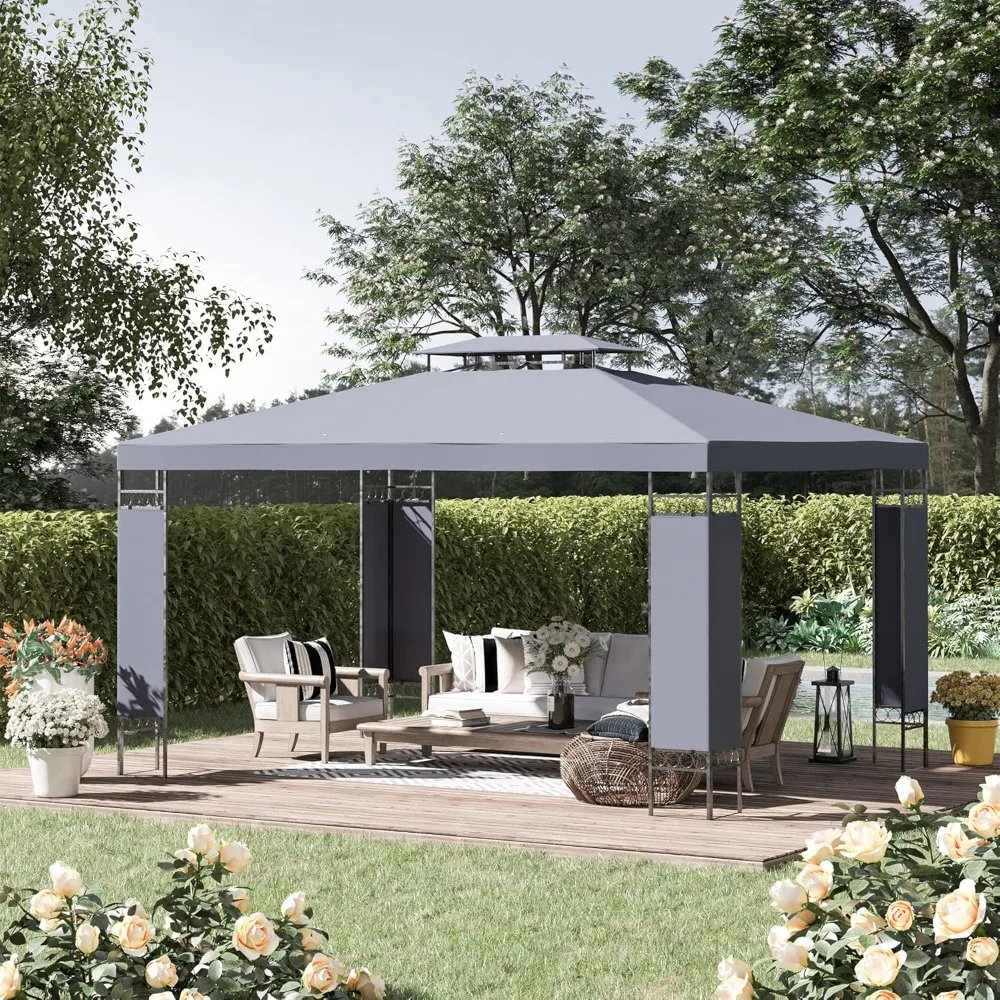 10' x 13' Patio Gazebo, Double Roof Outdoor Gazebo Canopy Shelter with Screen Decorate Corner Frame, for Garden