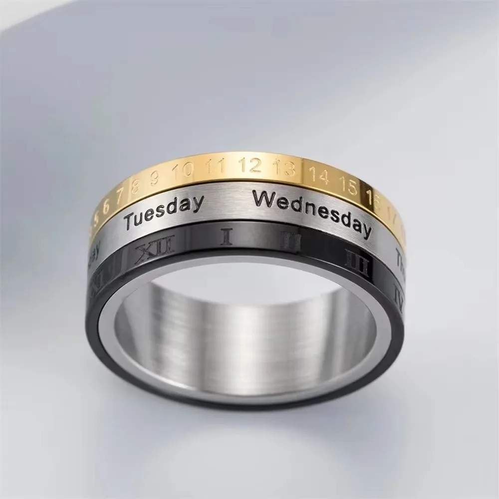 Date Time Calendar Cool Punk Spinner Anxiety Relief Anti-stress Rotatable Calendar Ring Polished Surface Cool Punk Style