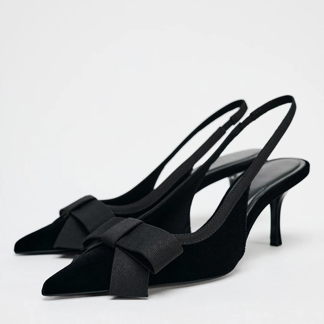 Traf arco ponto cabeça stilettos bombas para mulher outono preto borboleta nó fino meados de salto estilingues feminino novo doce sandália sapatos