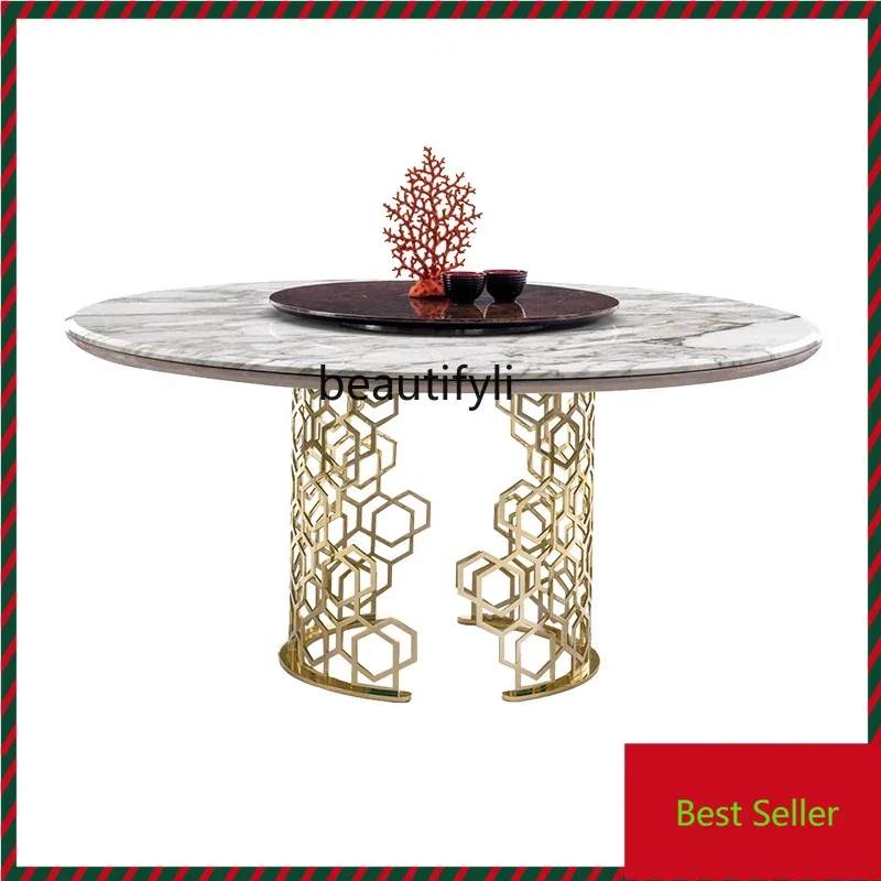 

Light luxury stainless steel laser round dining table restaurant marble dining table with turntable negotiation table G1218