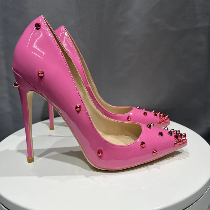 Tikicup Women Patent Pink Pointy Toe High Heel Shoes with Spikes Sexy Ladies Rivets Party Stiletto Pumps Big Size 43 44 45