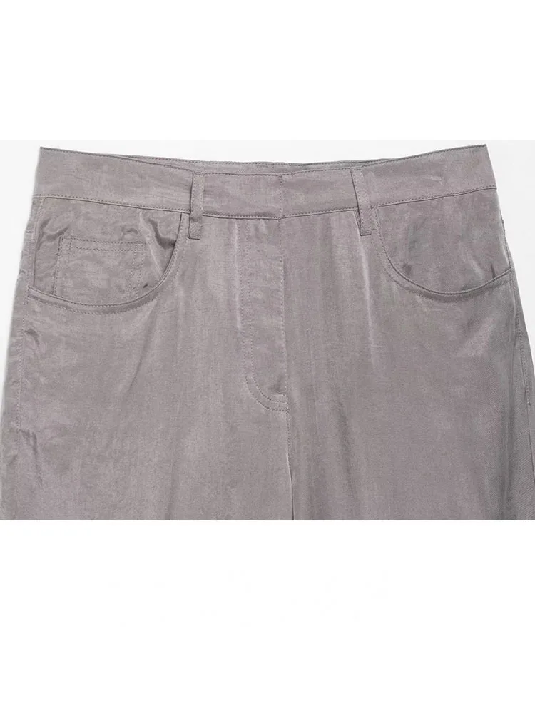 HH Chaqueta de piloto ajustada de manga larga con cremallera y solapa con cordón para mujer + pantalones con bolsillos textura satinada conjunto elegante de 2 piezas de verano sólido