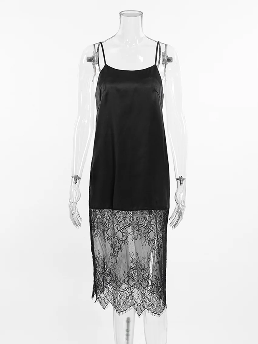 Marthaqiqi Lace Ladies Nightgown Spaghetti Strap Sleepwear Backless Pajama Slash Neck Nightie Mid-Calf Dress Female Home Clothes