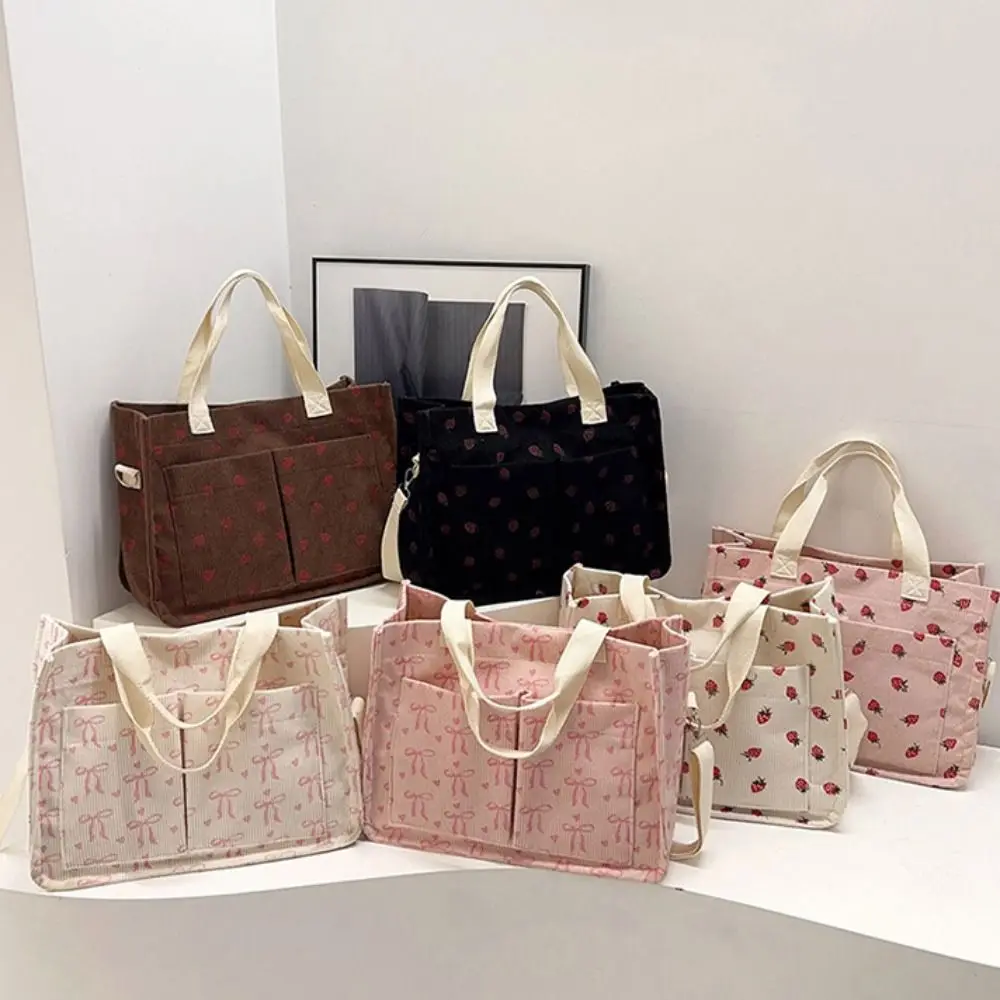 Casual Large Capacity Bow Tote Bag Printied Strawberry Women Shoulder Bag Cute Korean Style Travel Bag Travel