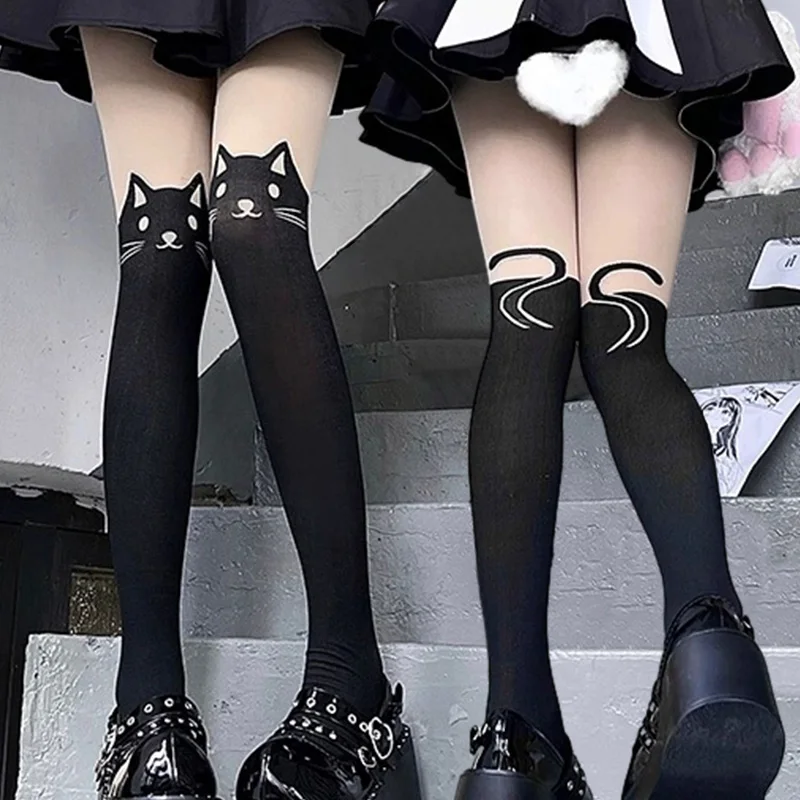 Lolita Cute Cat Silk Stockings Women Sexy Thin Cartoon Kitten Tail Pantyhose Hosiery Tattoo Tights Fashion Printed Stockings