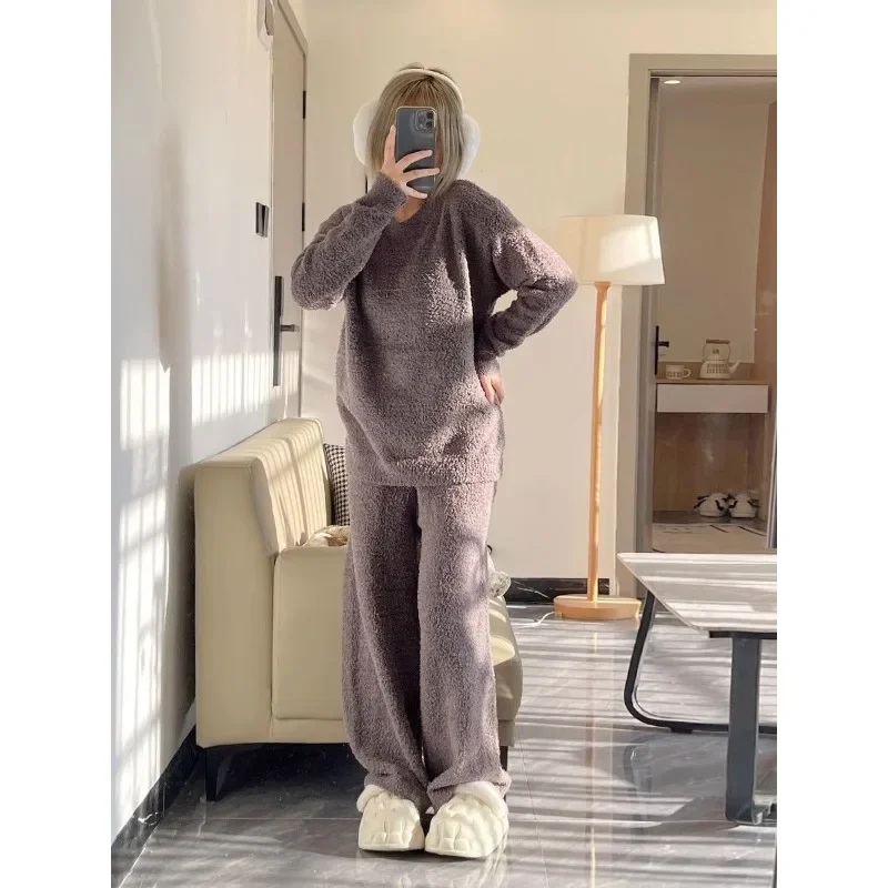 Ms.wintertime New Style Sense of Advanced Loungewear A Thick Suit Soft Comfort Korean Simple Fallow Long Sleeve Knit Pajamas