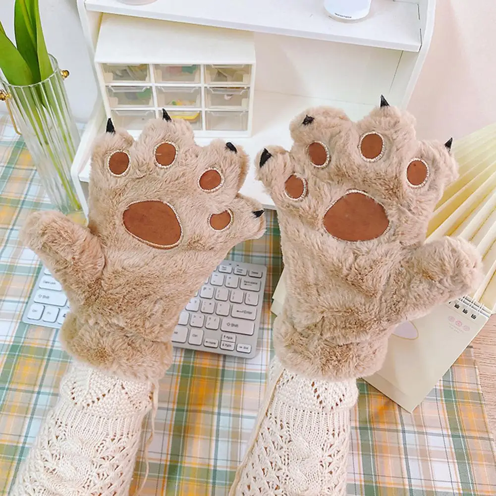 Wear-resistant Gloves Women Gloves Winter Embroidery Bear Paw Pattern Mittens Cozy Plush Gloves for Women Girls Cute Cartoon