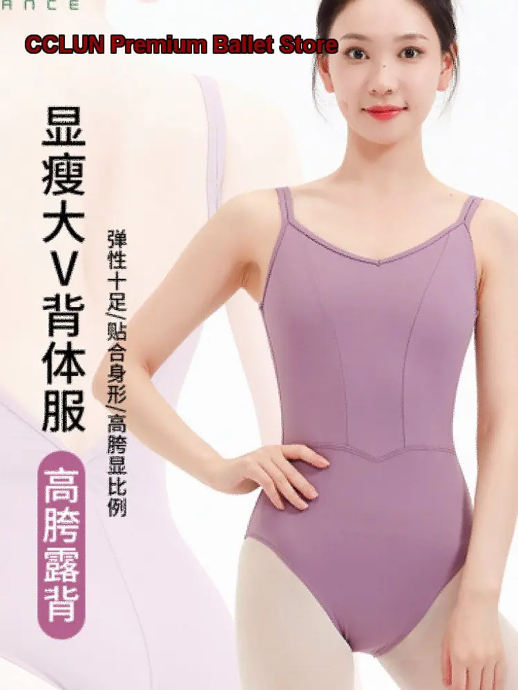 Women's Professional Ballet Leotard Spaghetti Strap Deep V-Back Cross Back Body Suit Dance One-Piece Dress Practice Leotard