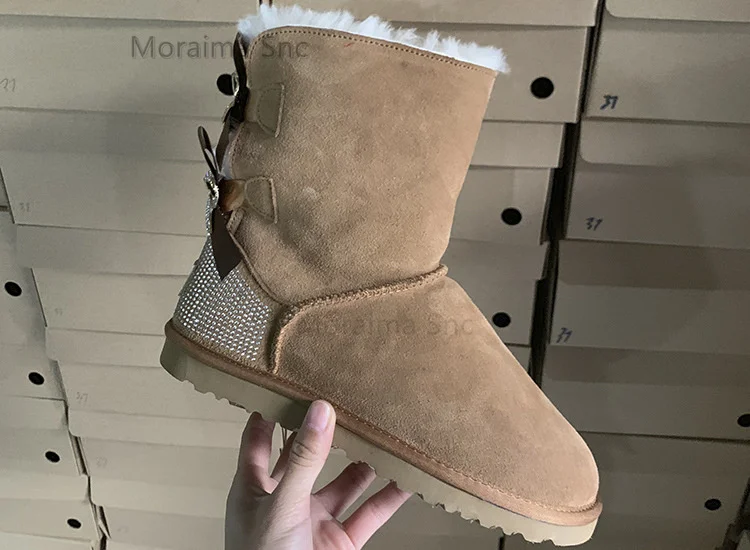 Plush Warm Winter Snow Boots for Women Rhinestone Butterfly Knot Decor Muticolor Slip On High Top Ankle Boots Comfortable Shoes