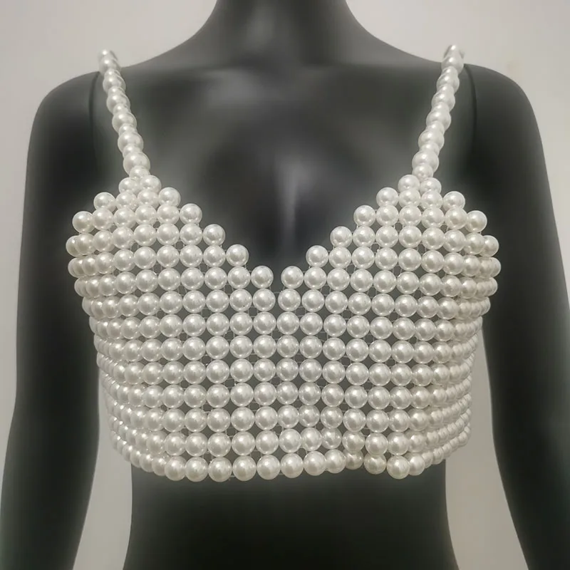 Winter Women's Handmade Pearl Top Wear Street Stylish Beading Vest New Trendy Body Jewelry Elegant Harness For Ladies