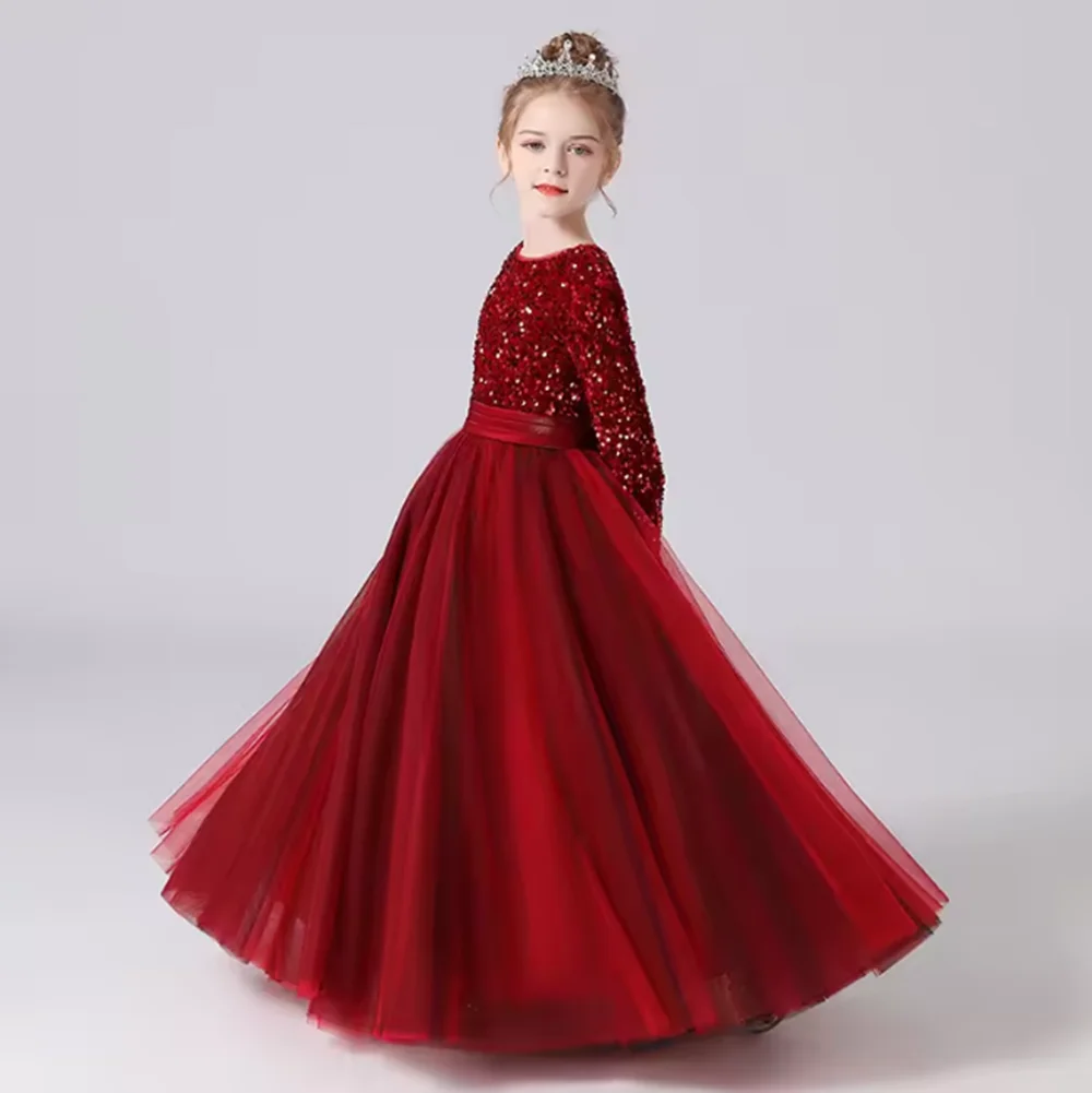 

Customized Glitter Sequin Long Sleeves Flower Girls Dresses For Wedding Tulle Birthday Party Christmas Dress For Girl