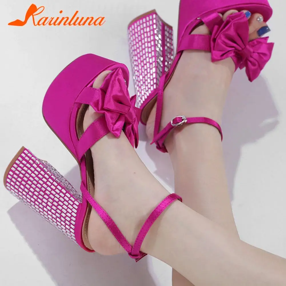 Ankle Buckle Platform Women Sandals Summer 2023 New Hot Sexy Elegant Rhinestones Shoes Thick Heels Sandals Bowknot Decor Sandals