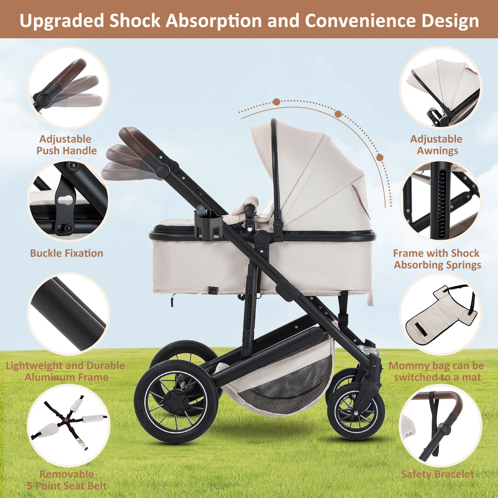 Baby Stroller 3 in 1 Portable Travel Baby Carriage Luxurious Fold Pram High Landscape Aluminum Frame Newborn Infant Stroller