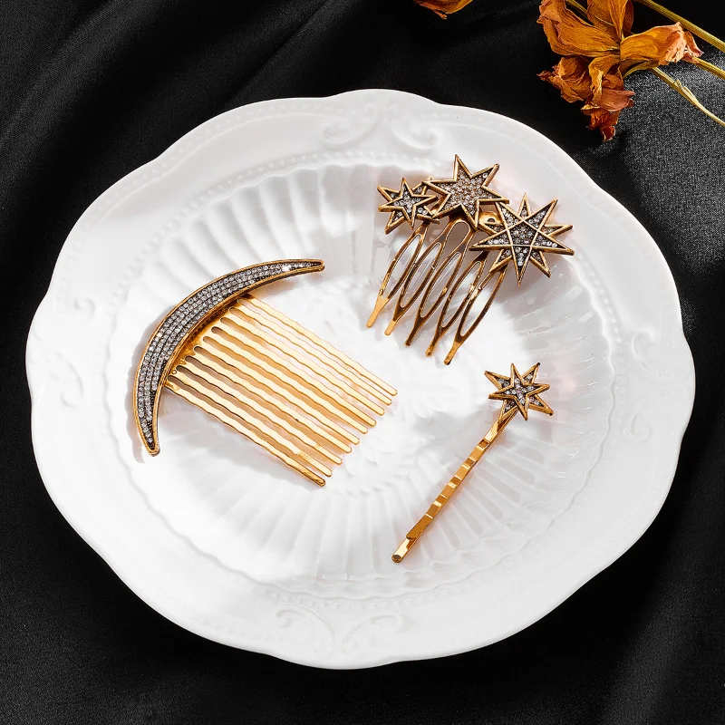 Gold Hair Combs Hair Sticks Copper Metal Hairpin Moon Star Pattern Gold Retro Headwear for women Chinese Style Hair Accessories