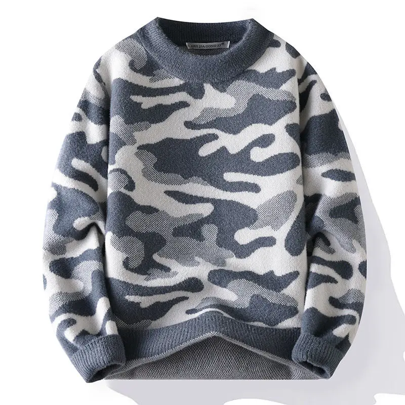 

Мужской круглый вязаный свитер с камуфляжным принтом под норку, теплый зимний топ для молодежи, повседневный, стильный, подходит для студентов