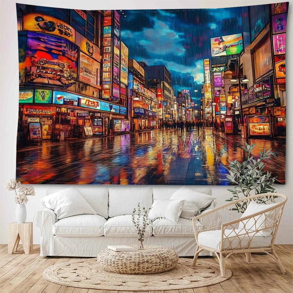 Beautiful neon lights under the night, city street scenes, background decorations, tapestries, anime, city night scenes, tapestr