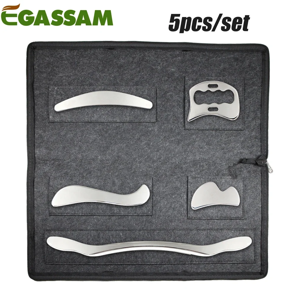 EGASSAM 5Pcs Stainless Steel Gua Sha Scraping Massage Tool Set IASTM Tools Great Soft Tissue Mobilization Tool