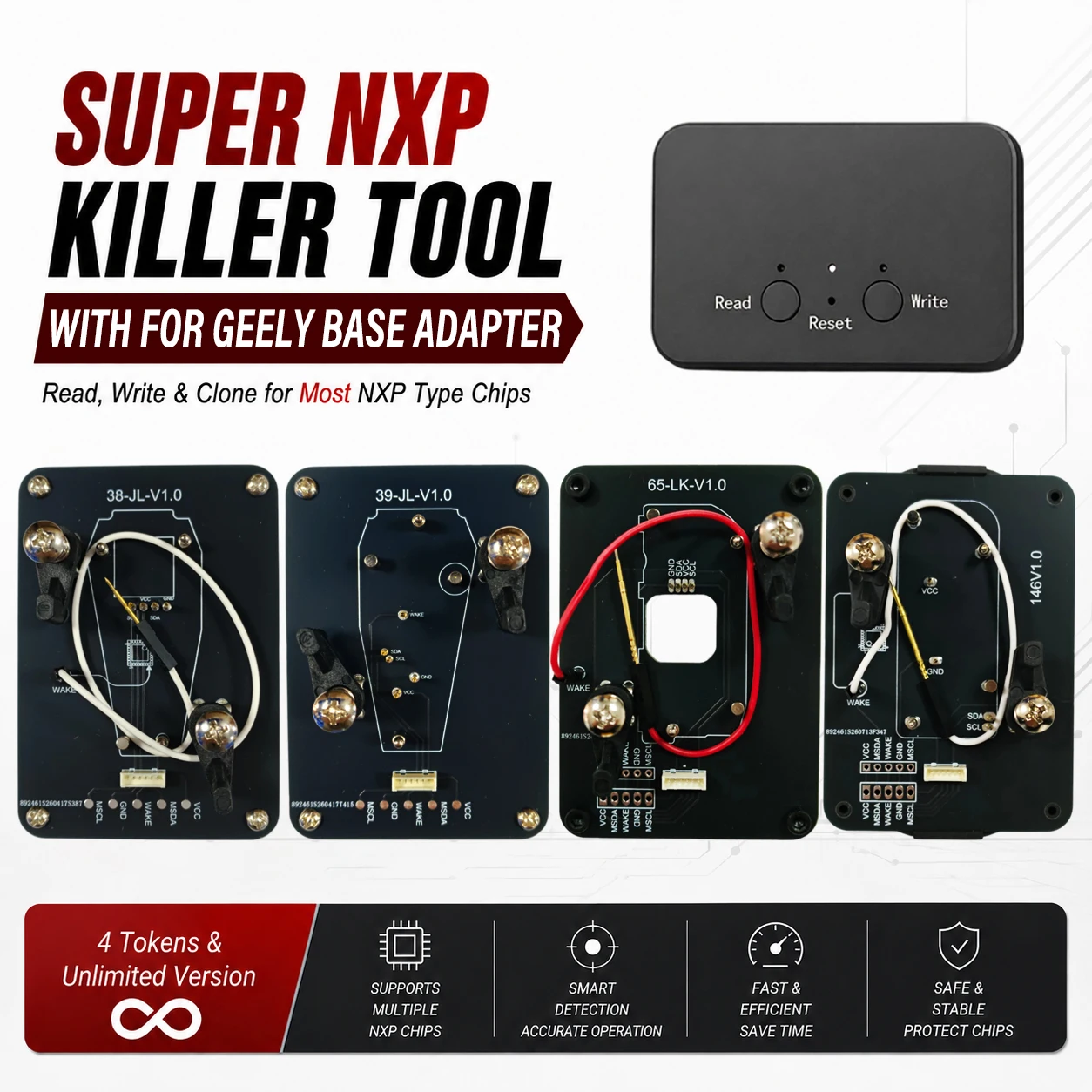 For Geely Key All NXP-Chip Smart Keys Clones 4 Tokens & Unlimited Version Super NXPKiller Read Copy Device With Adapter Base