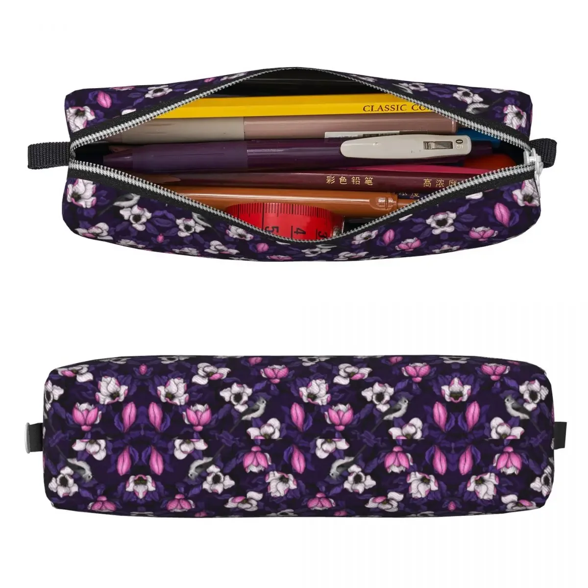 Cute Birds Flower Pencil Case Magnolia And Titmouse Zipper Pencil Box Kids Cute School Pencil Cases Stationery Organizer