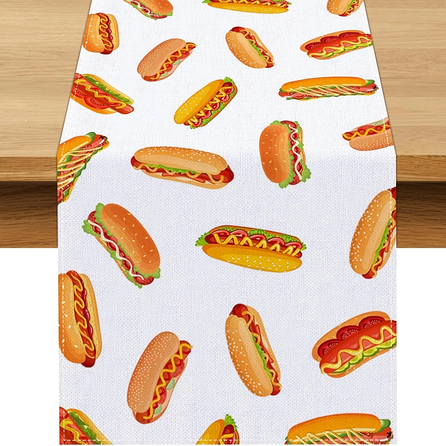 Camino de mesa con diseño de comida para el día de Hot Dog americano, adecuado para el hogar, sala de estar, cocina, mesa de comedor, fiesta de vacaciones de granja