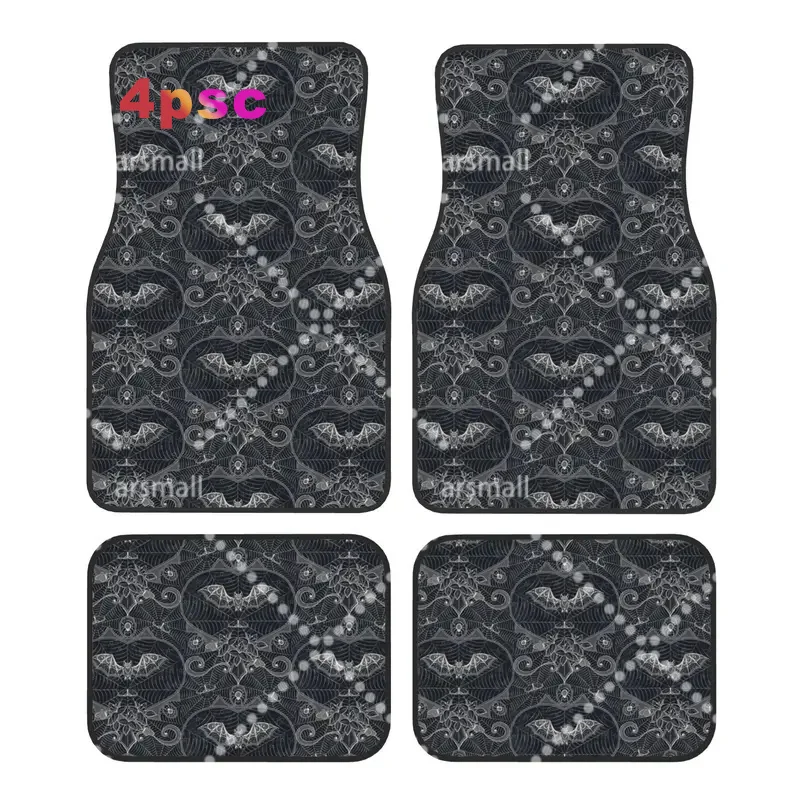 4PCS Crystal Velvet Car Floor Mats Gothic Halloween Spider Web Lace Anti Slip Car Bats Universal Auto Front And Rear Foot Mats