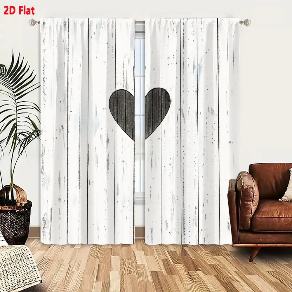 2Pcs Curtains 2D FLAT Distressed White Wooden Background With Horizontal Planks Dark Gray Black Wood Grain Heart Shape Focal Poi