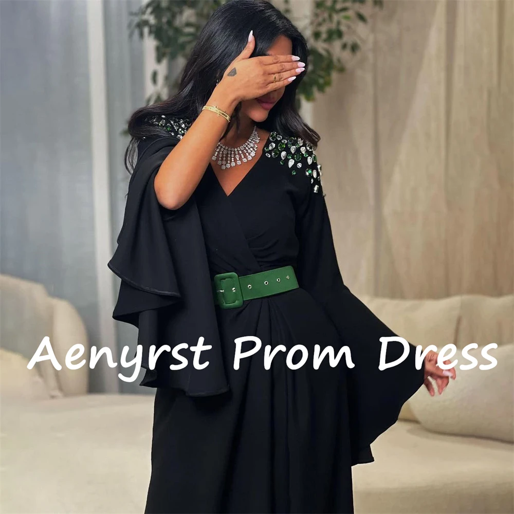 Aenyrst Black V Neck Long Flared Sleeves Saudi Arabia Evening Dresses Mermaid Crystal Split Prom Dress Ankle Length Party Gowns