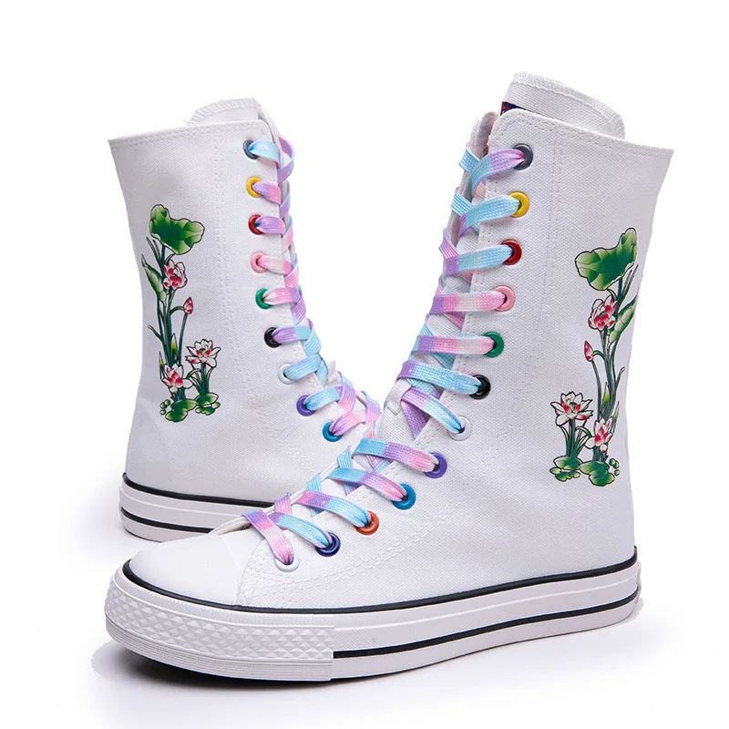 The New Mid-tube Inner Heightened Women's Shoes Front Lace-up Side Zipper Canvas Shoes Lotus Pattern Women Sneakers