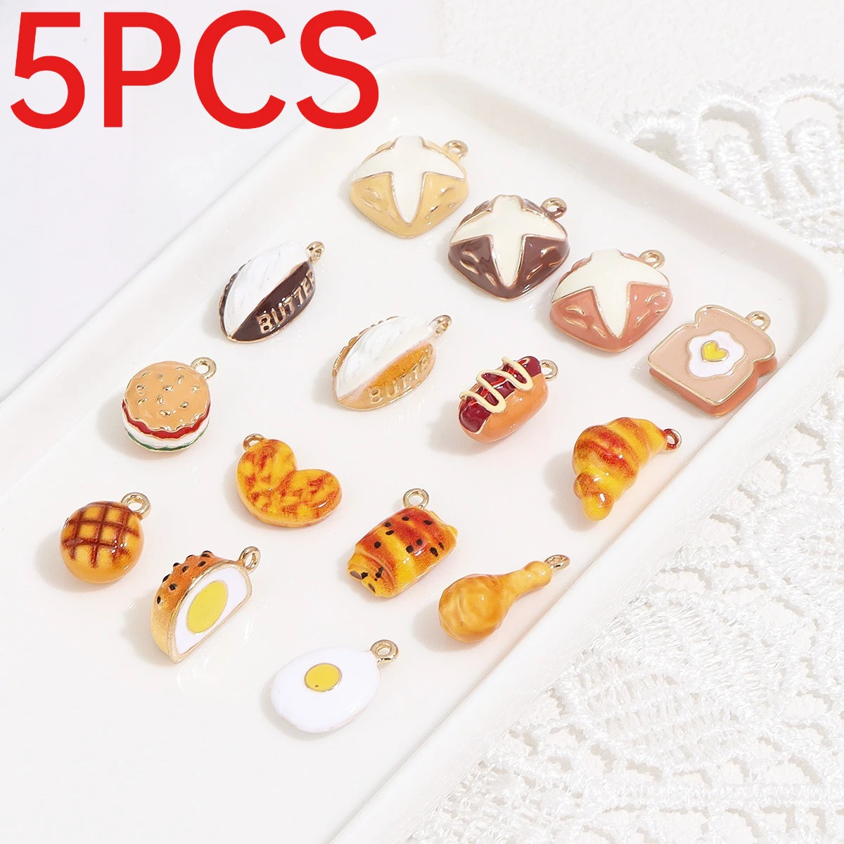 5Pcs Alloy 3D Enamel Simulation Cream Bread Toast Croissant Burger Charms DIY Jewelry Making Pendants