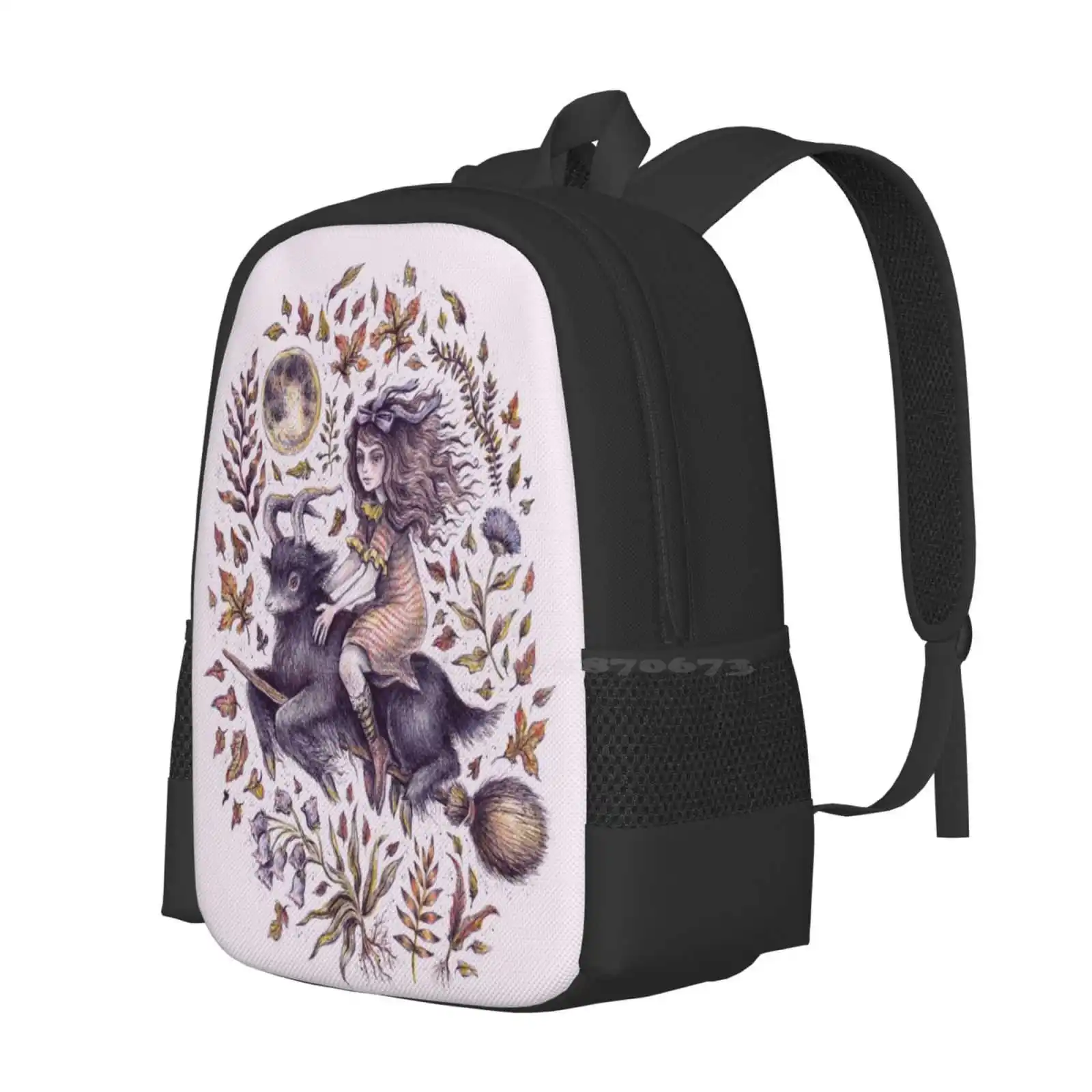 Vvitch Hot Sale Schoolbag Backpack Fashion Bags Witch Vvitch Spooky Goat Halloween Magic Broom Autumn Fall Leaves Wizard