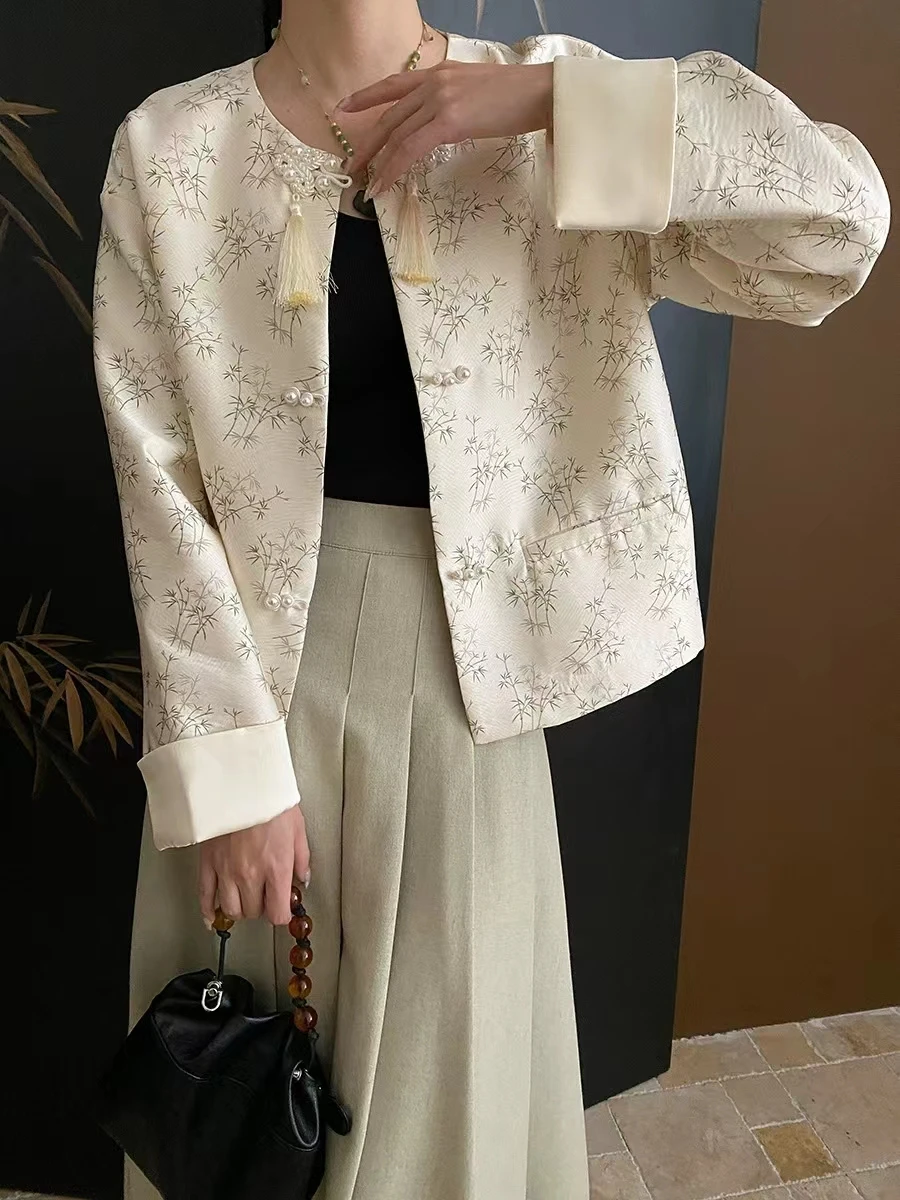 Haut à boutonnage simple à col rond pour femme, veste perlée de style chinois, fouet de luxe, croisière, printemps 2024, nouveau, 2024