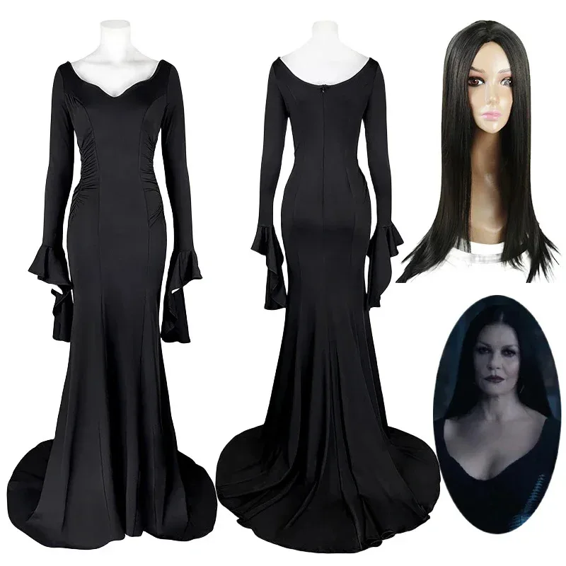 Cosplay Costume Morticia Black Sexy Up Slim Party Evening Dress Disfraz Halloween Witch Dresses Womenr,7;k'2.s;9, - Image 3