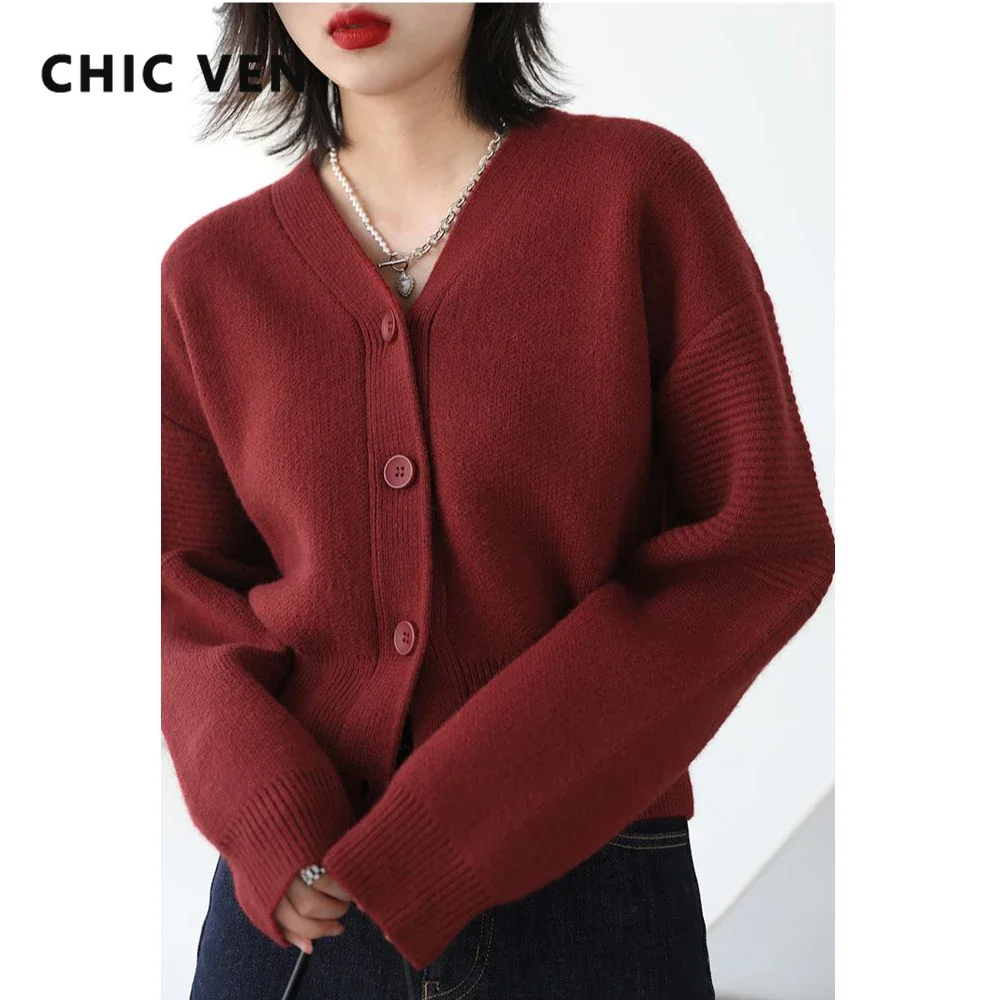 CHIC VEN Korean Fashion Women\'s Sweater Contracted Short V Collar Long Sleeve Cardigan for Woman Female Top Autumn Winter 2024