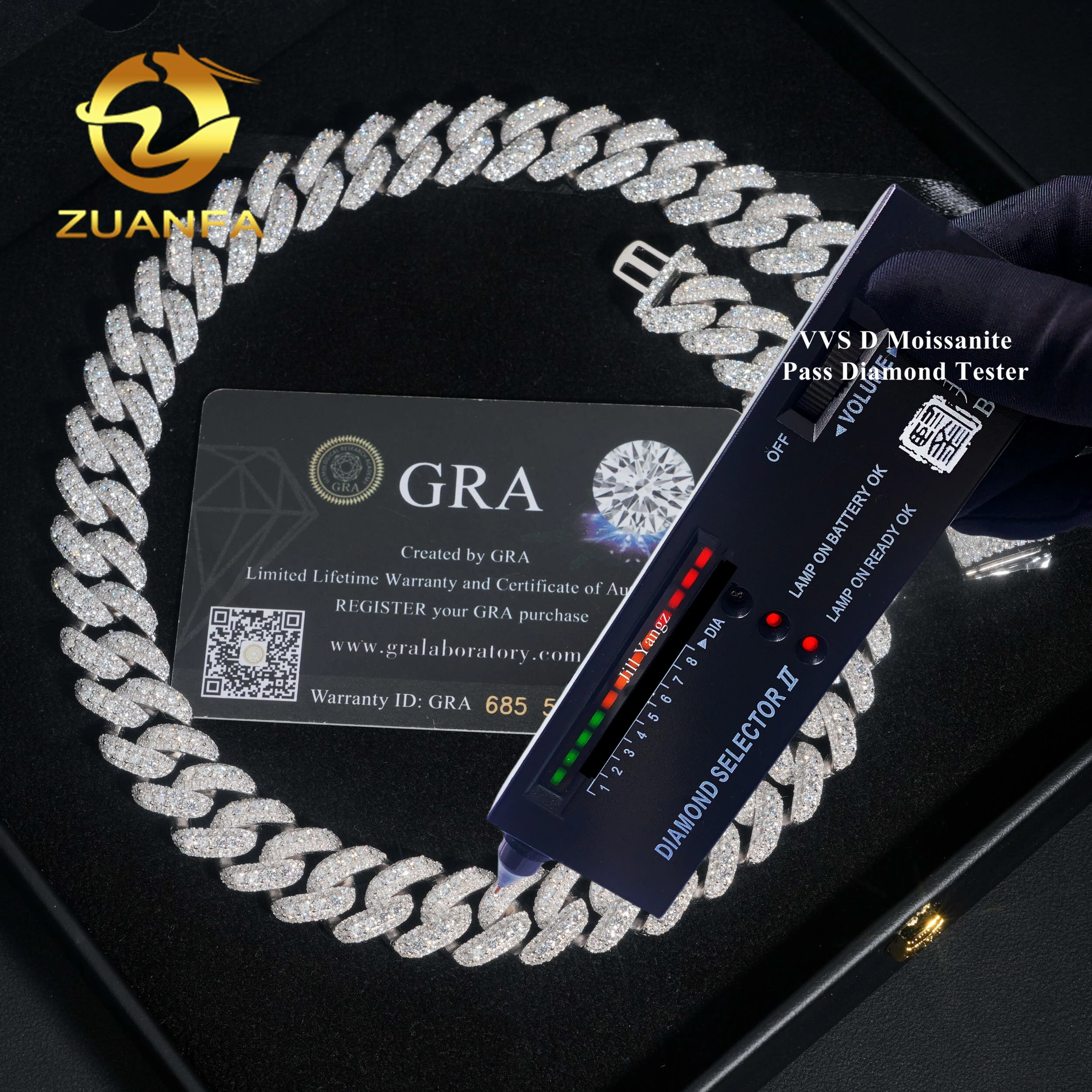 Direct Sale PROMOTION 15mm Cuban Links Moissanite Chain Moon Shape 3 Row Pass Diamond Tester，