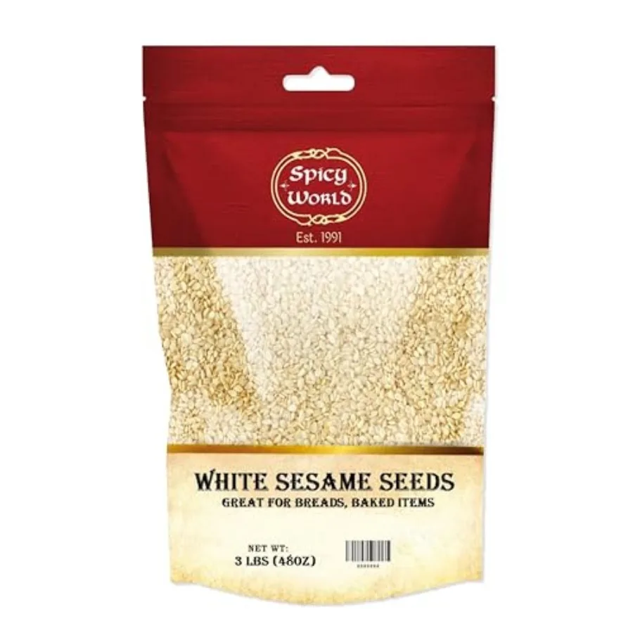 White Sesame Seeds 3 LB Bag - Natural, Raw, Hulled, Non-GMO, Bulk Resealable Bag