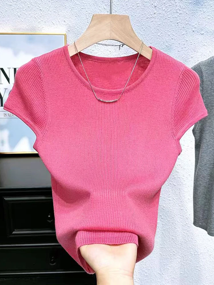 Black Short Sleeve T-shirt Women Knitted Tops Casual Basic O Neck Knit Tshirts Ladies Clothing Summer Fashion Woman Tee Shirts