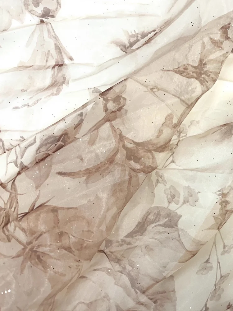 

Dead leaf Rose ~ Thin micro profile light brown with bright silk flower print organza fabric dress fabric