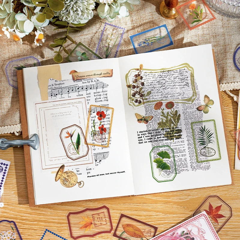 30 sheets Antique Plant Flower Transparent PET Sticker Set, Water-resistant DIY Decor for Photo Album Making