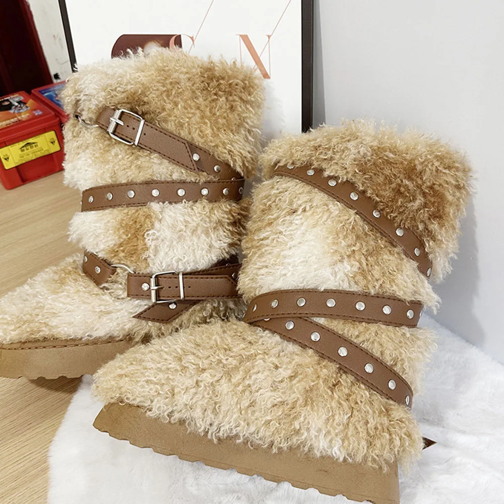 New  Snow Women Boots With Fur Platfrom  Belt Buckle Design Round Toe Mid Calf Shoes Luxury  Winter Warm Causal Boots