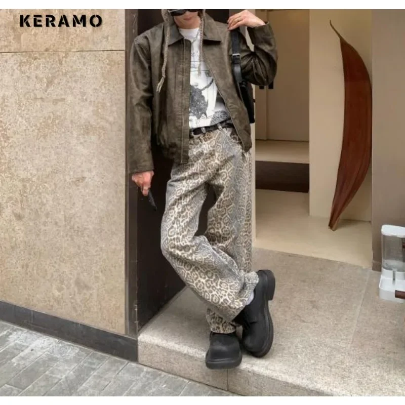 Retro Wide Leg Baggy Y2K 2000s Denim Trouser Fashion Women's Vintage Casual High Waist Pants High Street Leopard Printting Jeans