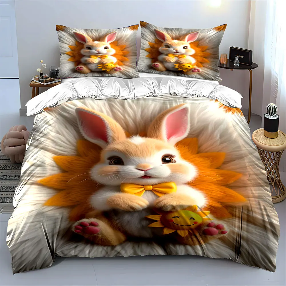 Fluffy bunny holding sunflower toy Printed Duvet Cover Set 1 Duvet Cover+2 Pillowcase Multi Size Bedroom Bedding Decoration