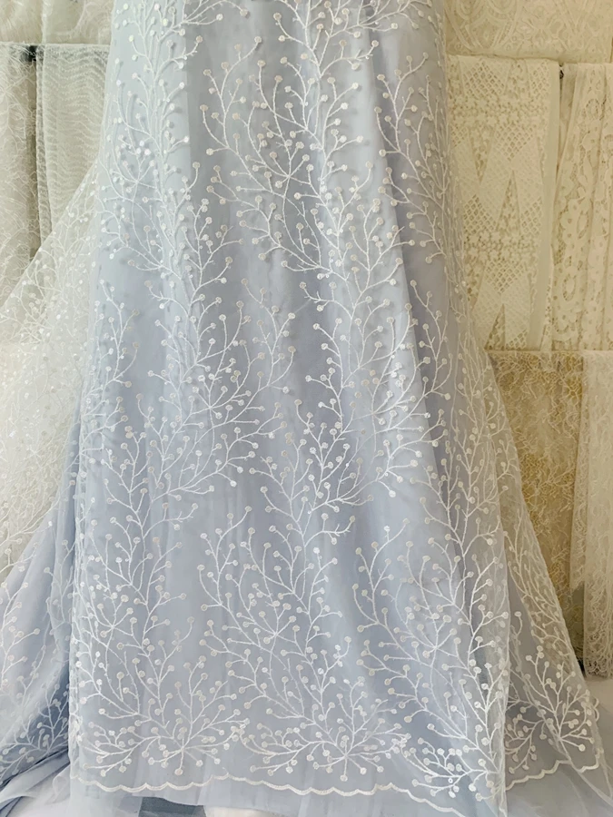 Off White Color Tulle Embroidery Sequined Lace Fabric Dress Lace Material 2022 NEW 1 Yard