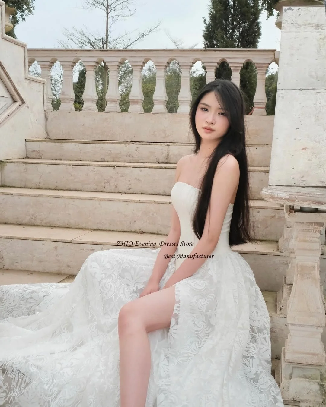 ZHIO Ivory Elegant Chiffon with Embroidery Strapless Wedding Dress Photoshoot Sleeveless Floor Length Pleated Formal Bride Gowns