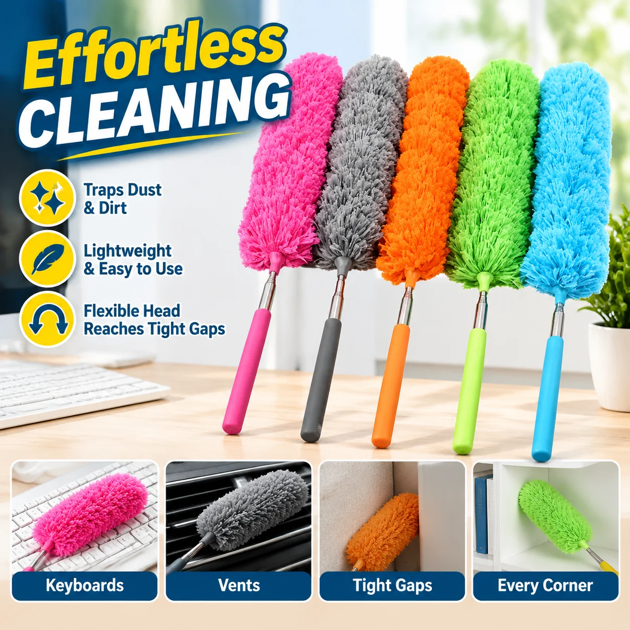Microfiber Flexible Gap Duster with Extendable Handle for Keyboards and Vents, Lightweight Dust Removal Brush