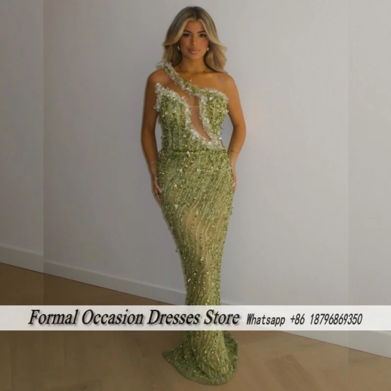 

Светло-зеленые вечерние платья на одно плечо, роскошные платья русалки с блестками и бисером, платье для выпускного вечера, вечерние платья, Vestido De Gala, женские по индивидуальному заказу