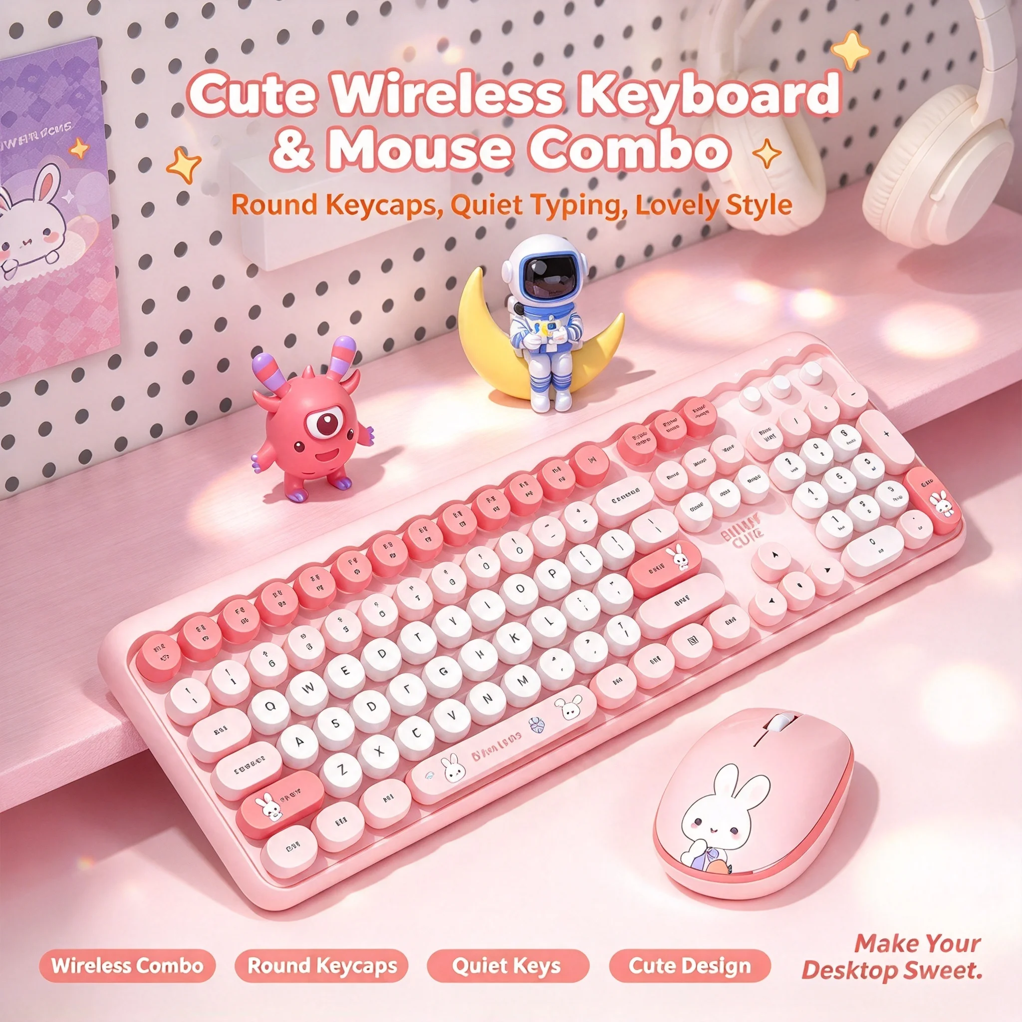Wireless  2.4G Cute Grils Keyboard And Mouse Combo Ergonomic Design Full-Size Keyboard Mouse Set For PC Computer Laptop Tablet